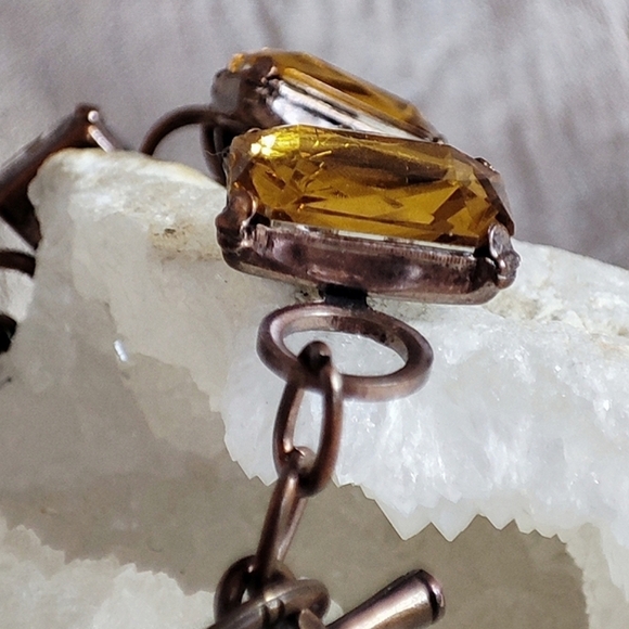 Vintage Link Bracelet Golden Honey Topaz Emerald Cut Stones Toggle Clasp - Picture 5 of 11